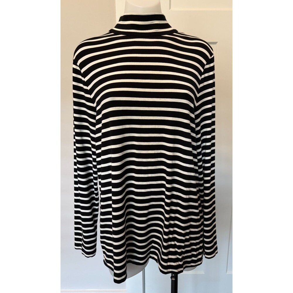 CHICOS Womens Knit TOP Long Sleeve BLACK White Mock Neck Zips in Back Size 2 (L)